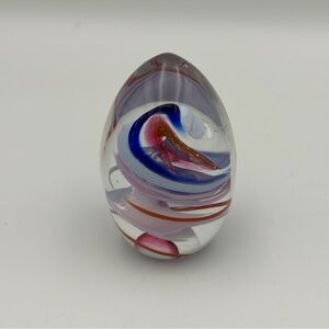 Art Glass signed Paperweight Egg Clear Lilac Blue Pink Swirls Vintage Decor 1992